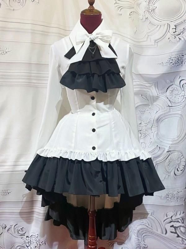 ゴシック調ダイヤカットタイ付きブラウス型ワンピース：白 - MARBLE