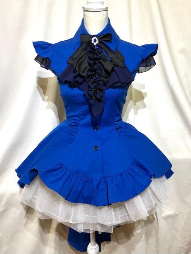 ゴシック調エレガンスタイ付きジャケット型ドレープワンピース：青