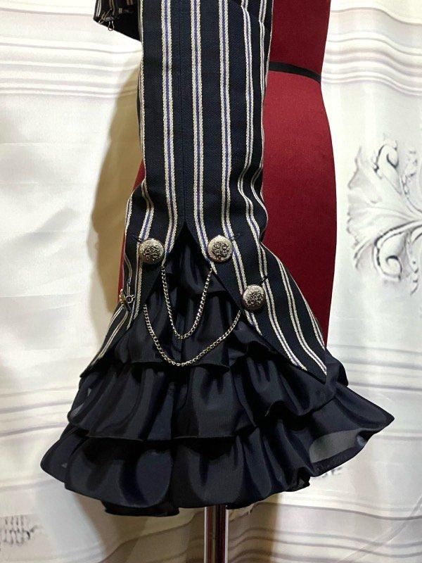 エンブレムチェーン付き姫袖ショートジャケット：紺白ストライプ×紺