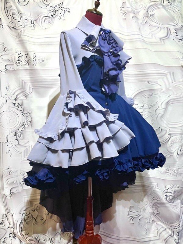 ドレープタイ付きゴシックエレガンスブラウスワンピース：サックス