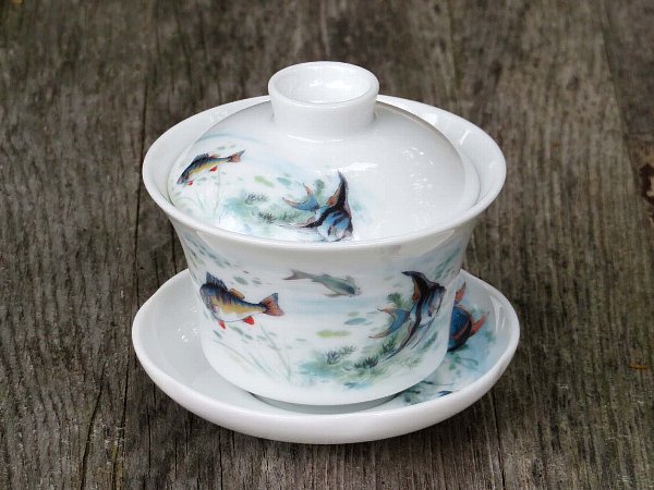中国茶器　蓋碗(古色青とピンク色セット)