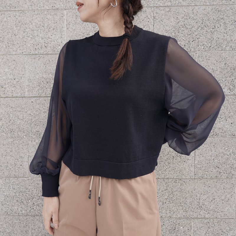 <img class='new_mark_img1' src='https://img.shop-pro.jp/img/new/icons6.gif' style='border:none;display:inline;margin:0px;padding:0px;width:auto;' /> [HYKE] ϥ CREW NECK CROPPED SWEATER WITH SHEER SLEEVES(NAVY)