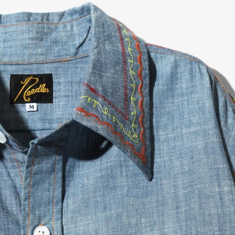 ⚫︎Mサイズ！ Needles 刺繍シャンブレーシャツ NEEDLES] ニードルズ Work Shirt-Cotton Chambray/India Emb(BLUE)