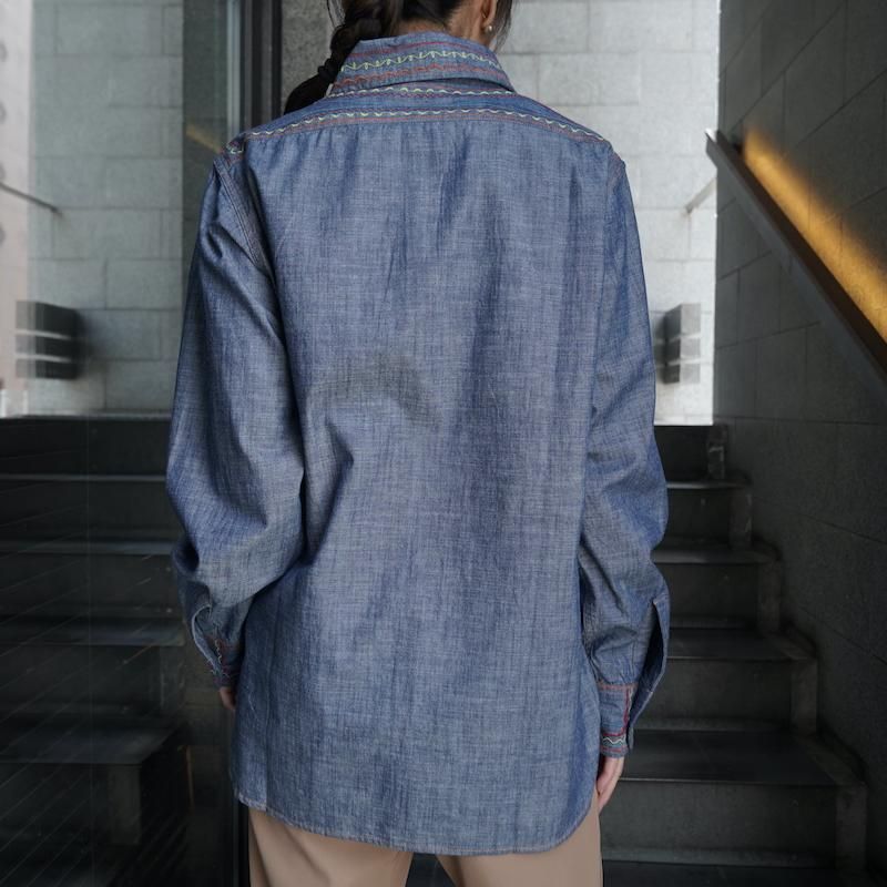 NEEDLES] ニードルズ Work Shirt-Cotton Chambray/India Emb(BLUE)