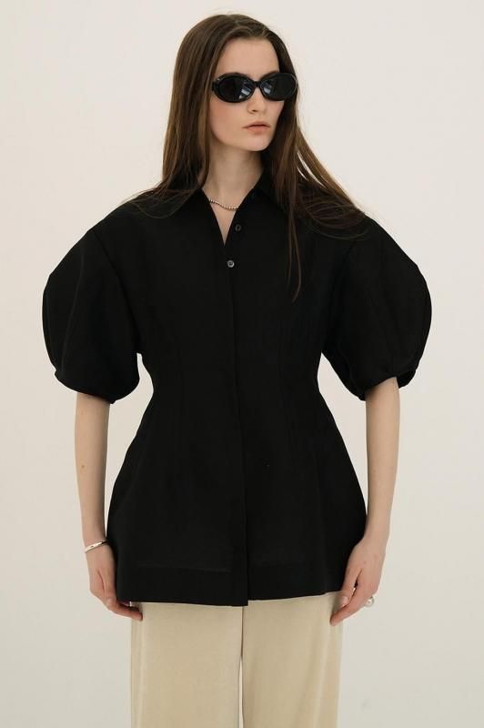 お歳暮 人気 オシャレ クラネ CLANE] WAIST TOPS(BLACK) SLEEVE PUFF SHAPE トップス