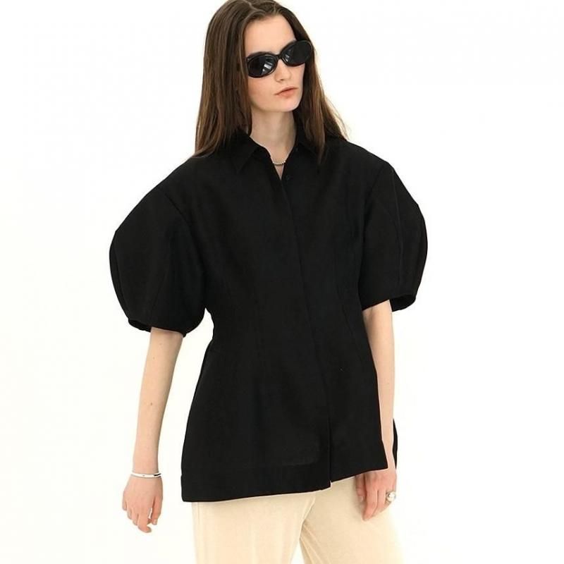<img class='new_mark_img1' src='https://img.shop-pro.jp/img/new/icons50.gif' style='border:none;display:inline;margin:0px;padding:0px;width:auto;' /> [CLANE]  WAIST SHAPE PUFF SLEEVE TOPS(BLACK)