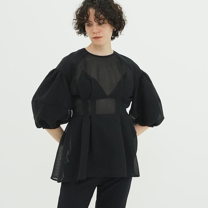 豪華 CLANE] クラネ TOPS(BLACK) SLEEVE VOLUME PLAID SHEER トップス
