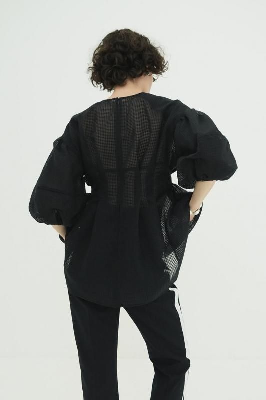 CLANE] クラネ SHEER PLAID VOLUME SLEEVE TOPS(BLACK)