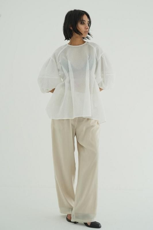 半額満載！スーパーSALE グランドセール！ CLANE] クラネ TOPS(WHITE) SLEEVE VOLUME PLAID SHEER トップス