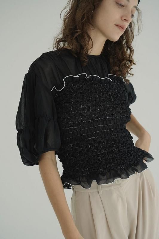 【25AW PRE ORDER】CLANE 正規商品 クラネ シャーリング デザイン ブラウス SHIRRING DESIGN BLOUSE ブラック/ミックス 2色展開 2025秋冬新作 CLANE] クラネ COLOR STITCHED SHIRRING TOPS(BLACK)