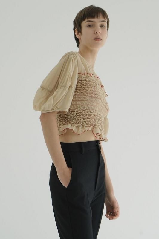 CLANE] クラネ COLOR STITCHED SHIRRING TOPS(BEIGE)