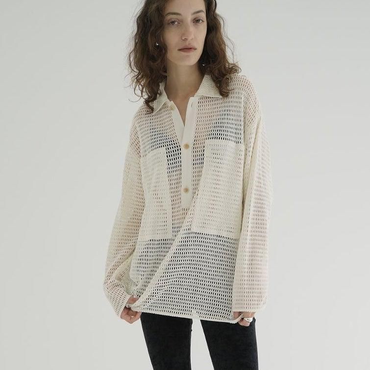即納1点のみ【CLANE】MIX MESH GATHER SHIRT IVORY クラネ CLANE MIX MESH GATHER SHIRT （IVORY） -ファッション