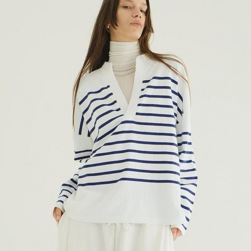 CLANE アイボリー1 CLANE - WIDE HENRY NECK BORDER TOPS - WHITE | ADDICT WEB SHOP