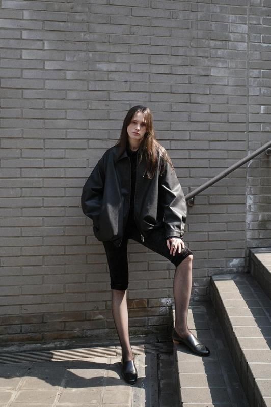 CLANE] クラネ FAKE LEATHER BALLOON JACKET(BLACK)