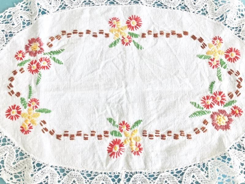 スウェーデン ヴィンテージ 刺繍 フラワー柄 楕円形 ラウンド