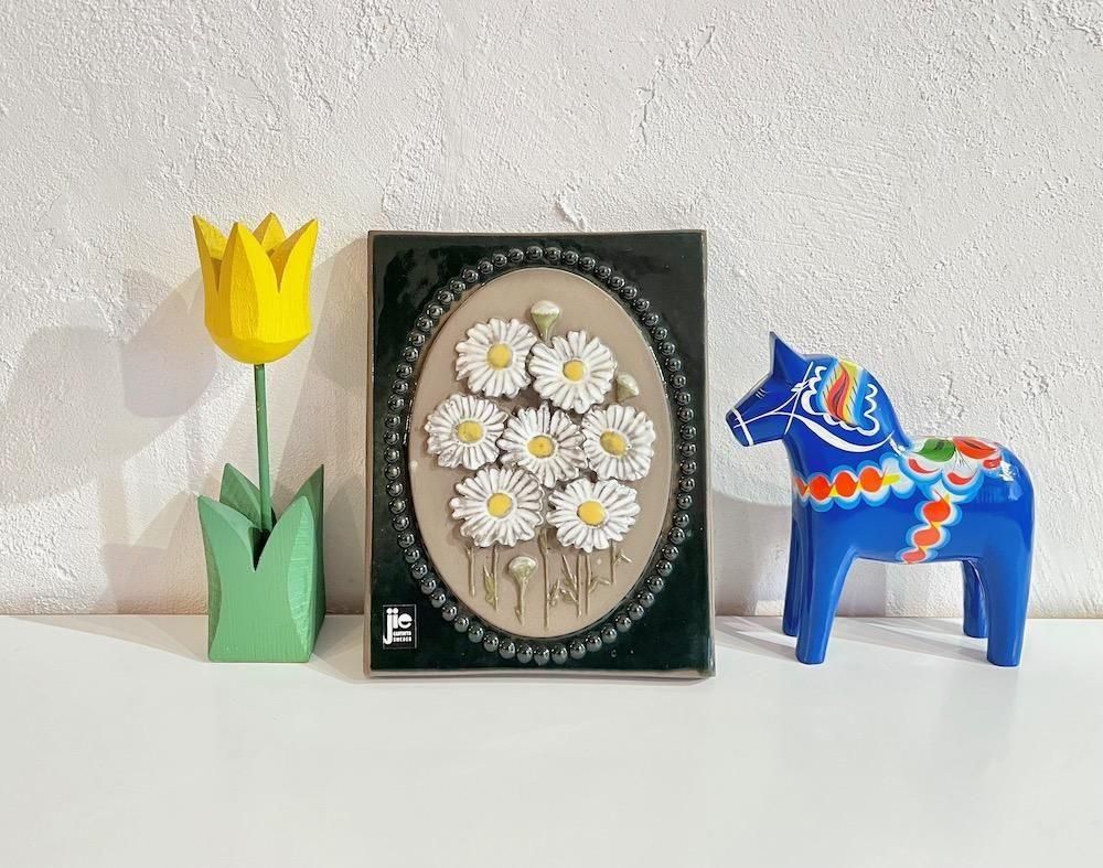 Jie Gantofta 白いお花 陶板 スウェーデン ヴィンテージ ジィ