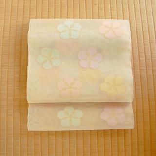 505my13▲夏帯 絽 すずしろ 七草 幾何学 銀糸 抽象柄 袋帯▲美品 石原呉服店・夏帯