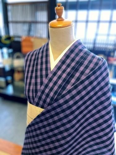 浴衣 綿麻縮み 紫地にギンガムチェック - 石原呉服店オンラインショップ