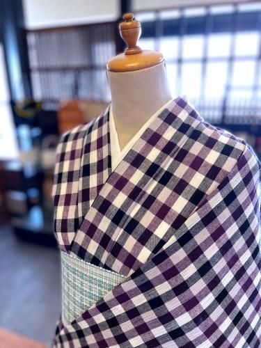 浴衣　綿麻縮み　黒と紫ギンガムチェック - 石原呉服店オンラインショップ