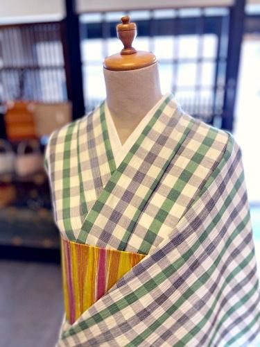 浴衣　綿麻　先染め ブロックチェック 黒　グレー　残りわずか　0622⑧ 浴衣 綿麻 先染め ブロックチェック 黒 グレー 残りわずか