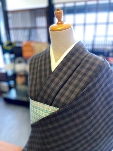 ¨̮⃝ 身丈158 ギンガムチェック 単衣 上質 本真綿紬 ̮⃝ 身丈158 ギンガムチェック 単衣 上質 本真綿紬