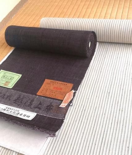 重要無形文化財 越後上布（黒×藤）地 八寸名古屋帯 - 石原呉服店