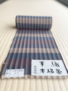 東郷織物謹製　緑青地　手織り木綿半巾帯