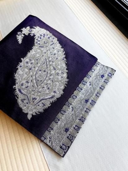 洛風林謹製 紬地 ペルシャ版木文 紺 九寸名古屋帯 - 石原呉服店