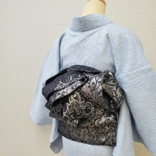 新品 博多織 黒木織物 大人の兵児帯 フラワーアラベスク 黒×ブルー