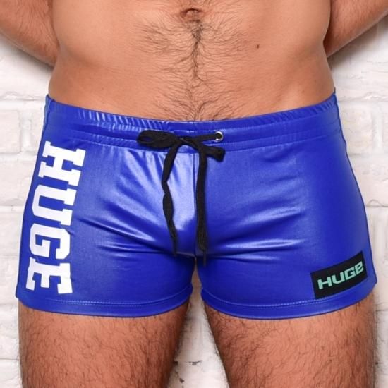 huge LOGO FAKE LEATHER BOXER SHORT PANTS(フェイクレザー ボクサー ショート パンツ)ブルー - Men's underwear and wear shop 【HUGE】