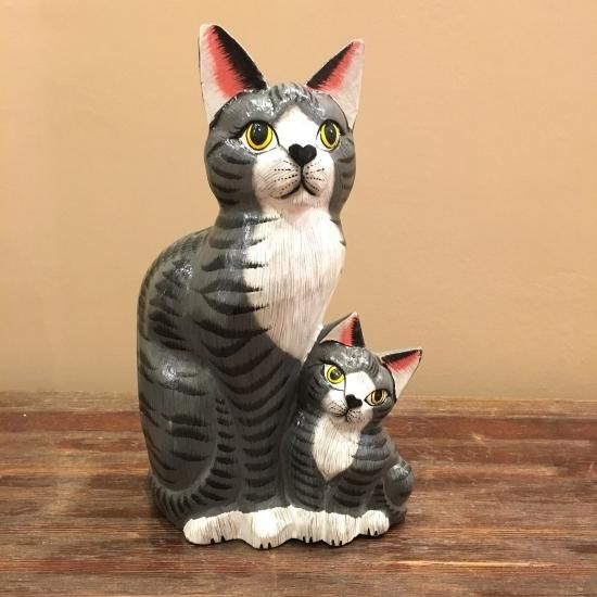 猫の木彫り作品　親子ネコ　ネコ好きにはたまらない 猫の木彫り作品 親子ネコ ネコ好きにはたまらない