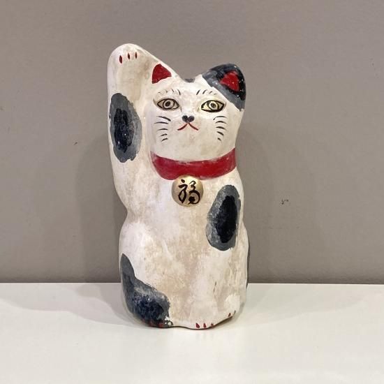 蝉丸 招き猫 土鈴 右手挙げ 白 - 工芸品