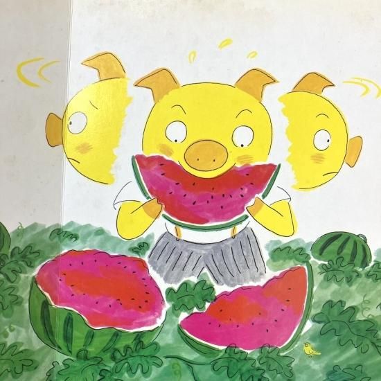 スイカ大サイズ❗️手作り額付き銅版画応用レア絵画　title「てこてこニャンコ」 すいかパーティ - 絵本・児童書・古雑誌 のらねこ古書店