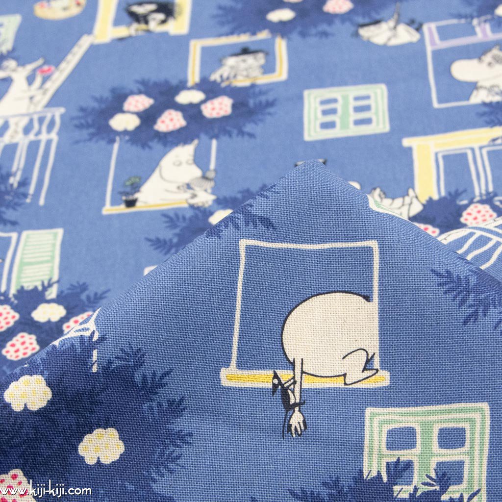 【cotton linen】Moomin fabrics｜ムーミン｜窓辺｜RIKA KAWATO｜コットンリネンキャンバス生地｜ナチュラルブルー｜