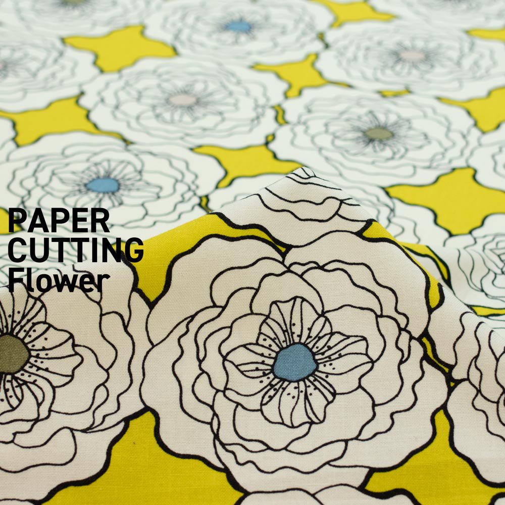 【cotton】PAPER CUTTING Flower｜きりえ風の花柄｜コットン10/1キャンバス｜イエロー｜