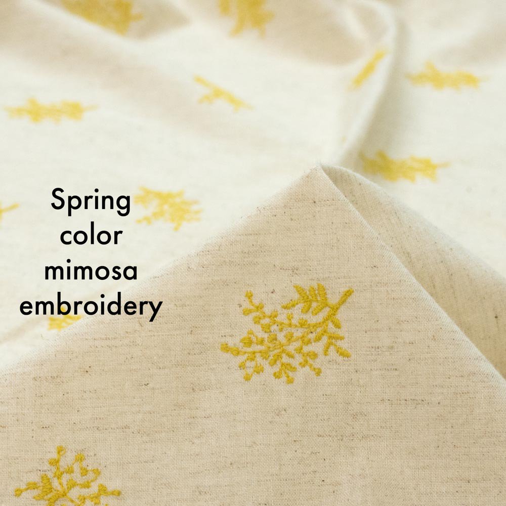 【cotton linen】春色のミモザ刺繍｜Spring color mimosa embroidery｜Cotton Linen Embroidery Fabric｜ミモザイエロー｜