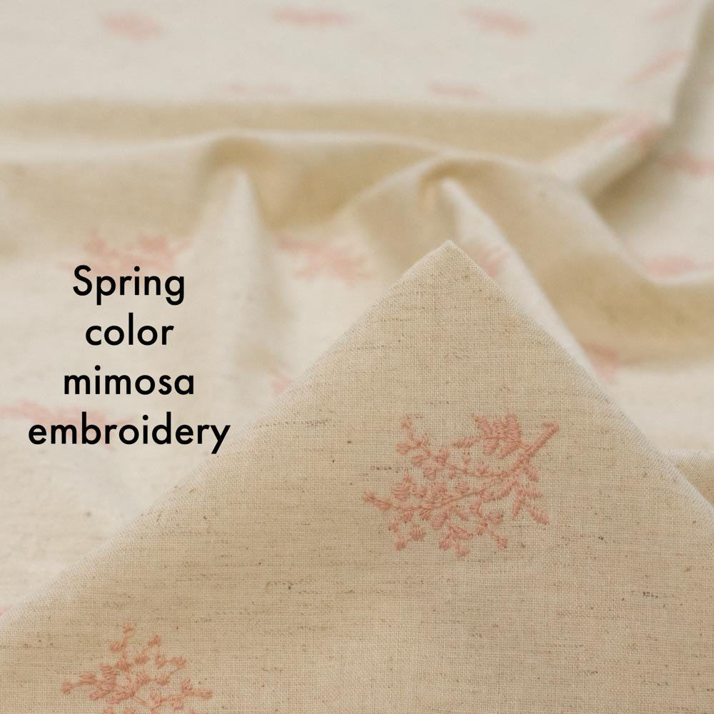 【cotton linen】春色のミモザ刺繍｜Spring color mimosa embroidery｜Cotton Linen Embroidery Fabric｜さくらピンク｜