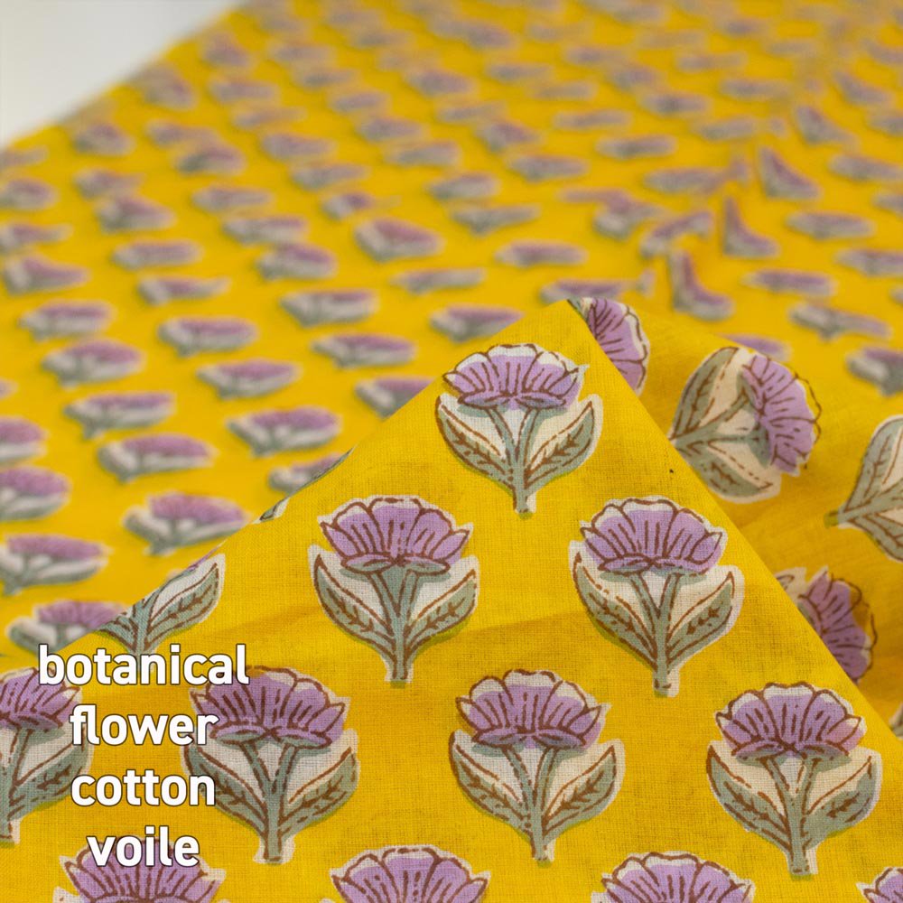 【インド製ボイル】botanical flower cotton voile｜ボタニカルフラワーコットンボイル｜イエロー｜