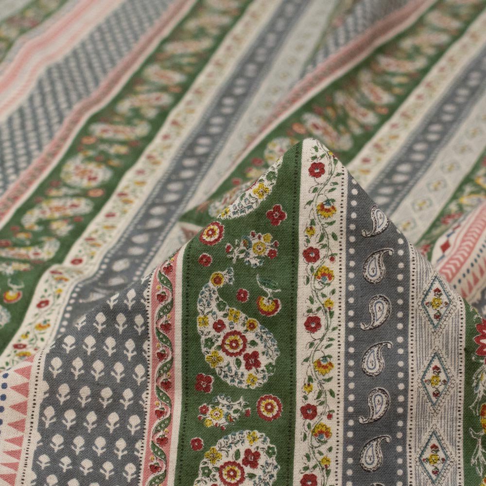 【cotton linen】Ethnic pattern print｜エスニックパターンプリント｜コットンリネンシーチング｜グレーグリーン｜