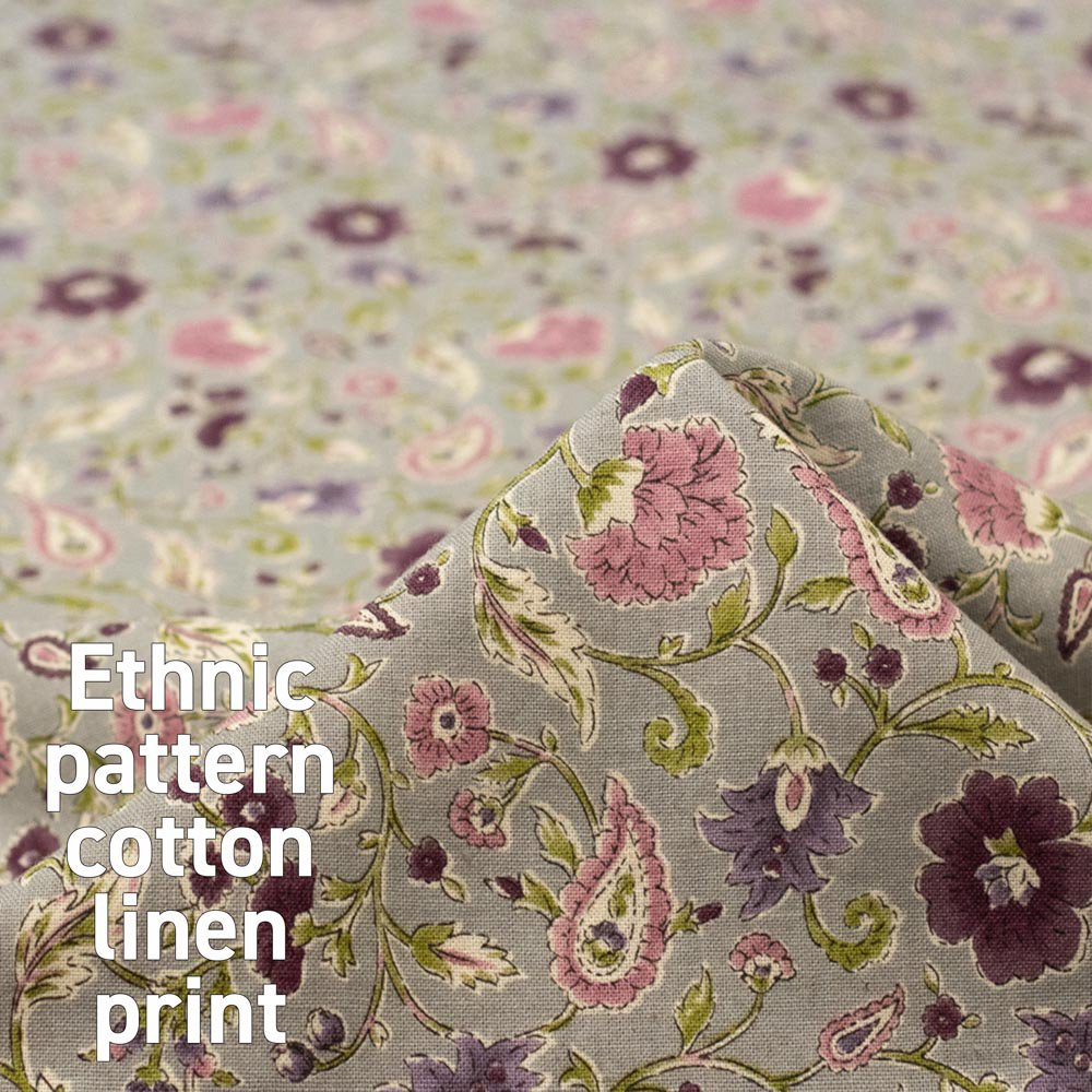 【cotton linen】Ethnic pattern print｜エスニックパターンプリント｜コットンリネンシーチング｜ライトグレー｜