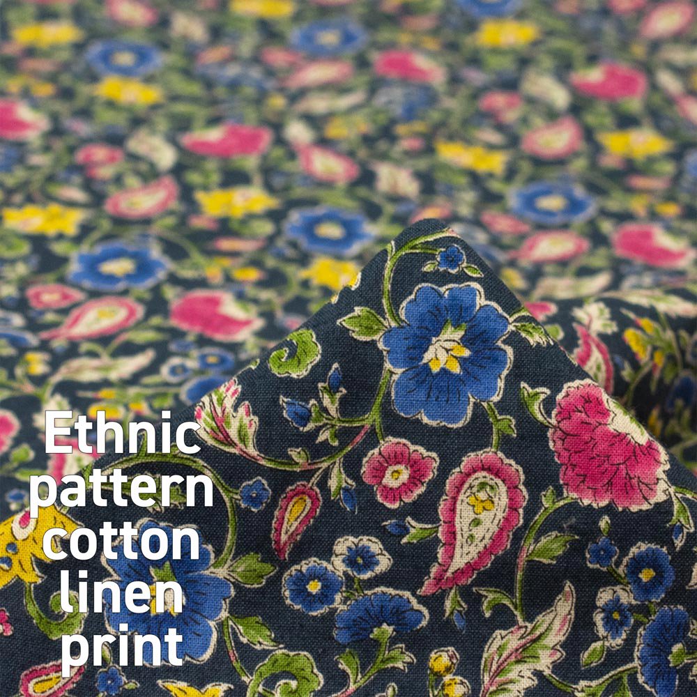 【cotton linen】Ethnic pattern print｜エスニックパターンプリント｜コットンリネンシーチング｜ネイビー｜