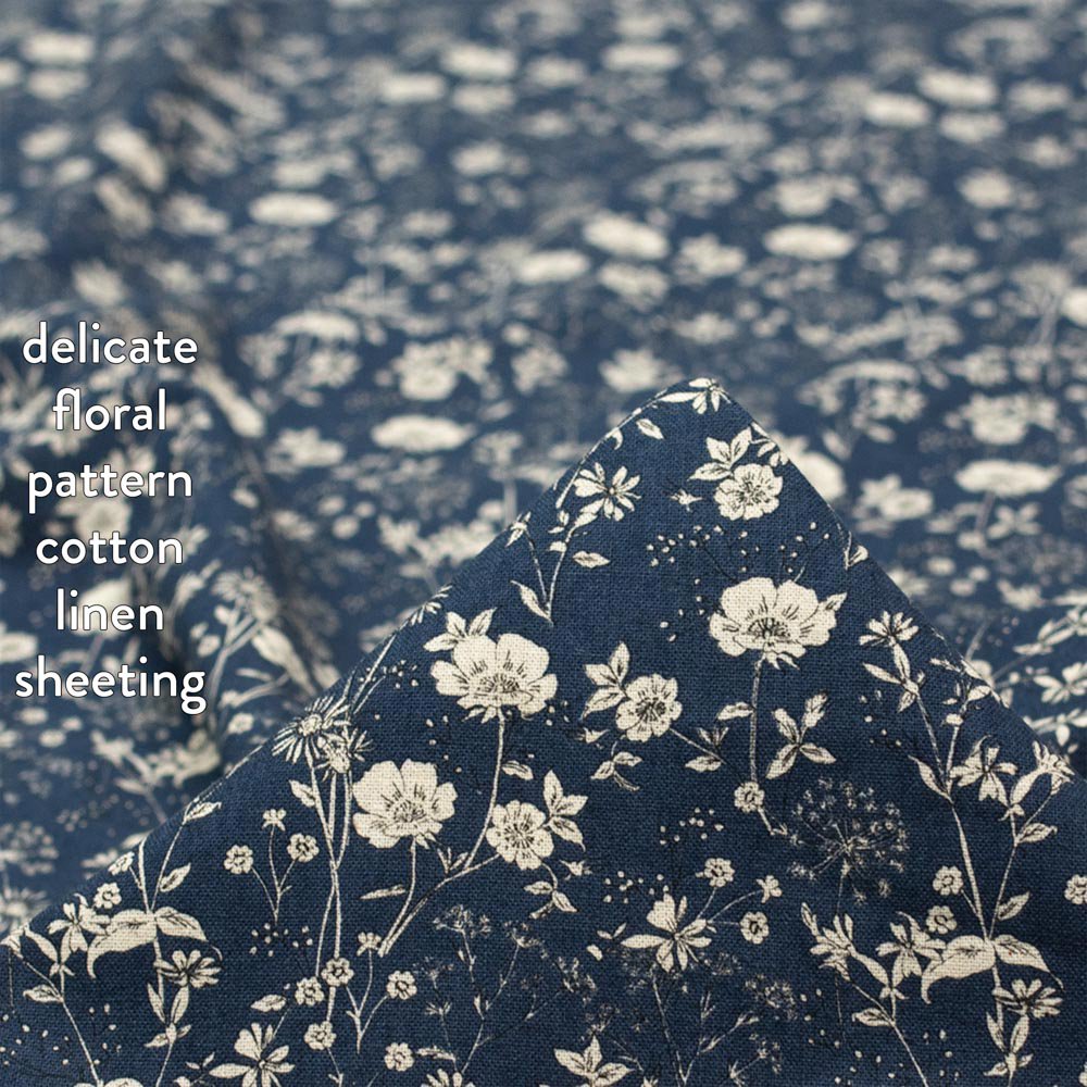 【cotton linen】delicate floral pattern cotton linen sheeting｜ベーシックコットンリネンシーチング｜ネイビー｜7266-1