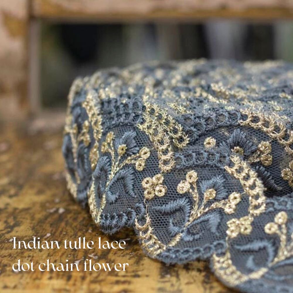 [ インド製チュールレース ] ドットチェーンフラワー スモール｜Indian tulle lace｜dot chain flower small｜アッシュブルー×ゴールド｜R001-4