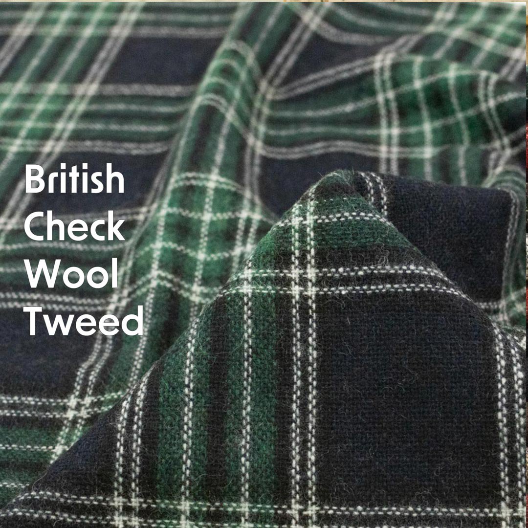 [ WOOl ] British Check Wool Tweed｜ブリティッシュチェック風ウールツイード｜ネイビーグリーン｜8182-1