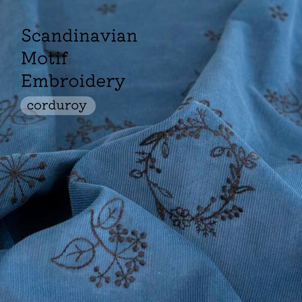 [ コーデュロイ刺繍 ] 北欧モチーフエンブロイダリー｜corduroy｜Scandinavian motif embroidery｜ナイトブルー｜8240-2