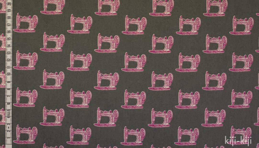 コットンシーチング】アンティークミシン柄の生地｜グレー｜9074-6