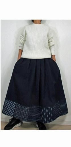 商品/日本藍染め裾備後絣切替え刺し子スカート/SK-0100 - 洋服の 商品/日本藍染め裾備後絣切替え刺し子スカート/SK-0100 - 洋服の