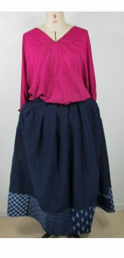 商品/日本藍染め裾備後絣切替え刺し子スカート/SK-0100 - 洋服の 商品/日本藍染め裾備後絣切替え刺し子スカート/SK-0100 - 洋服の