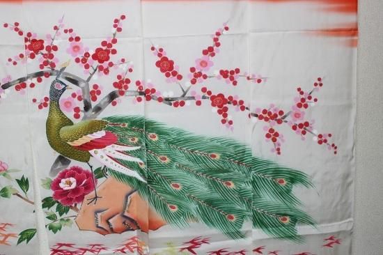 E-207加賀花嫁暖簾 梅に孔雀文 正絹五巾 蔦紋 - 石川県金沢の