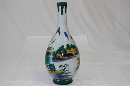 I-285越田基一作 九谷焼染付青手山水文花瓶 展覧会出展品 - 石川県金沢